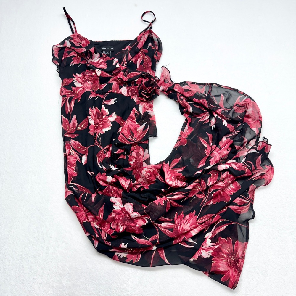 Kate and Lily Floral Maxi Dress Women Sz 4 Black Red Chiffon Ruffle Boho